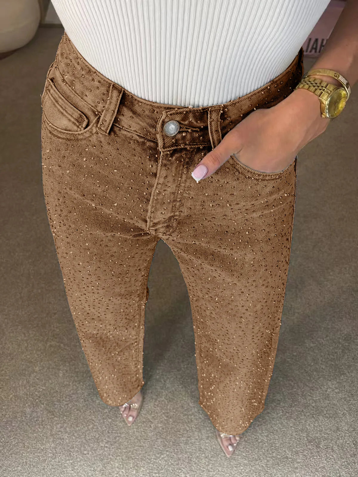 Pantaloni jeans con strass lucidi Pantaloni dritti in denim con diamanti da donna sexy a vita alta eleganti da night club