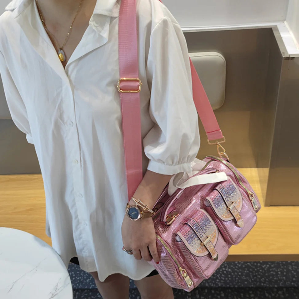 Borsa a tracolla da donna alla moda ed elegante, impreziosita da diamanti, con più tasche, borsa leggera, lussuosa e brillante