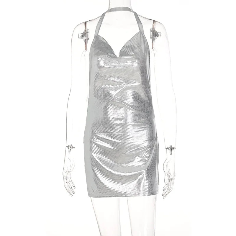 Abito corto elegante da donna sexy e alla moda con collo appeso, fondo senza schienale, abito da ballo per ragazza da festa con paillettes sul petto