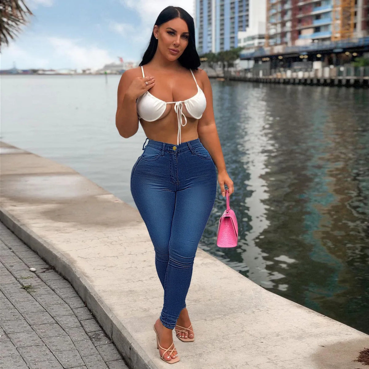 Jeans a Vita Alta da Donna 2026, Pantaloni Skinny Elasticizzati con Tasche, Effetto Consumato e Lavato, Lunghezza alla Caviglia, Stile Streetwear