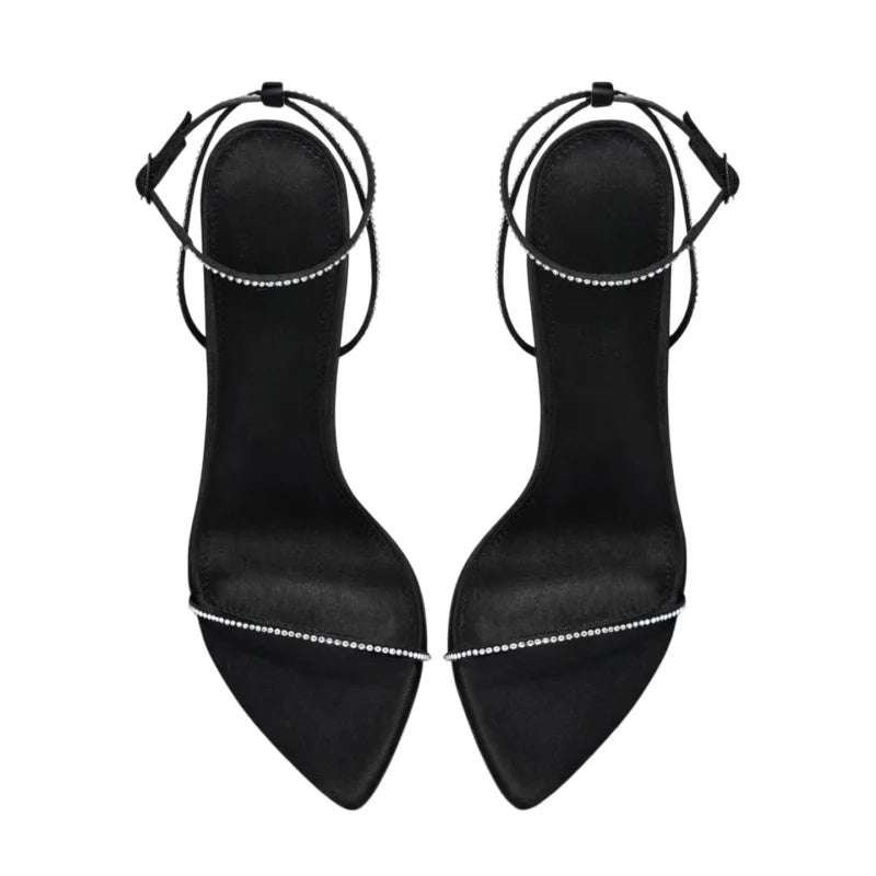 Sandali con Tacco a Spillo e Strass, Cinturino alla Caviglia in Raso, Punta Affusolata, Eleganti per Feste Estive, Cerimonie, Matrimoni, Serate, Neri, Moda Femminile
