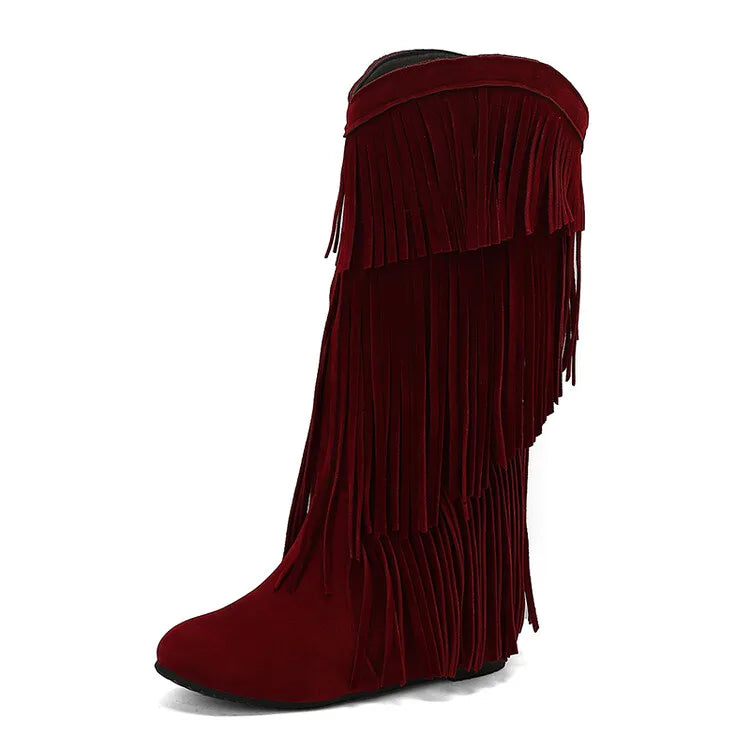 Ochanmeb stivali con frange Western rosso vino per donna stivali con tacco rialzato giallo nappe nere senza Zip scarpe da donna calde e larghe al polpaccio