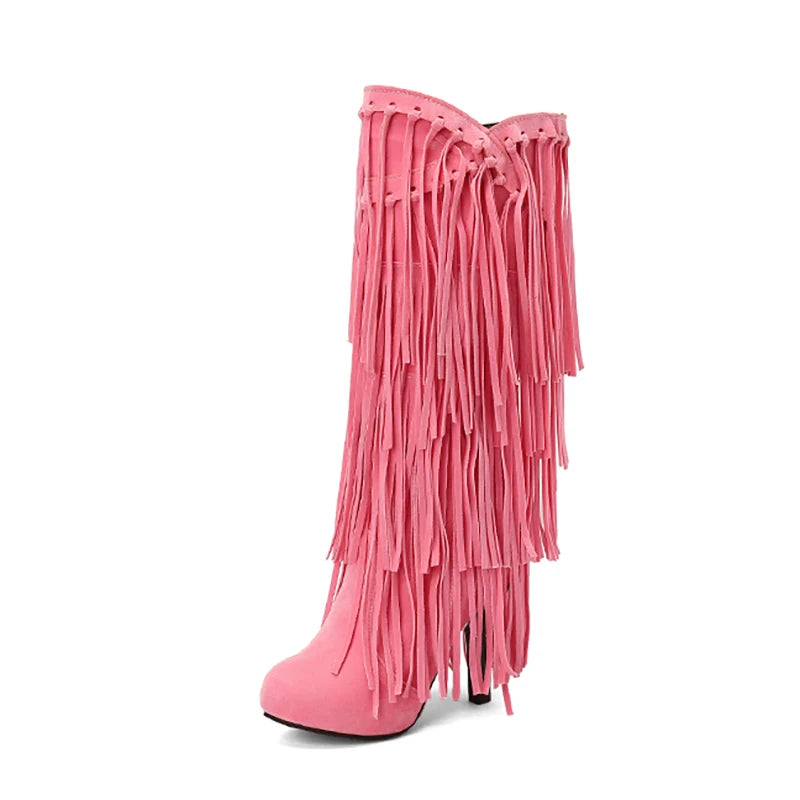 2022 primavera nuovo tacco alto con scollo a v con frange stivali da donna punta tonda impermeabile moda Sexy Set di piedi stivali da principessa