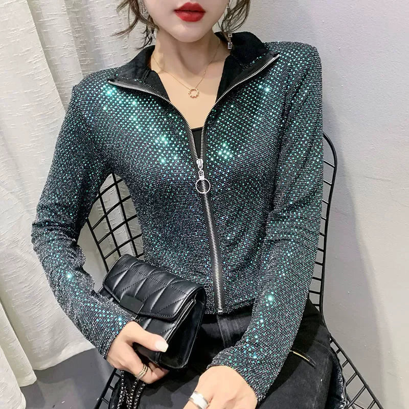 Giacca Autunnale da Donna, Nuova Giacca Corta con Paillettes, Moda Femminile, Manica Lunga, Design Elegante, Camicia Sexy