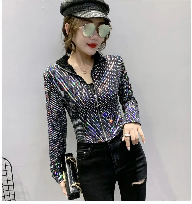 Giacca Autunnale da Donna, Nuova Giacca Corta con Paillettes, Moda Femminile, Manica Lunga, Design Elegante, Camicia Sexy