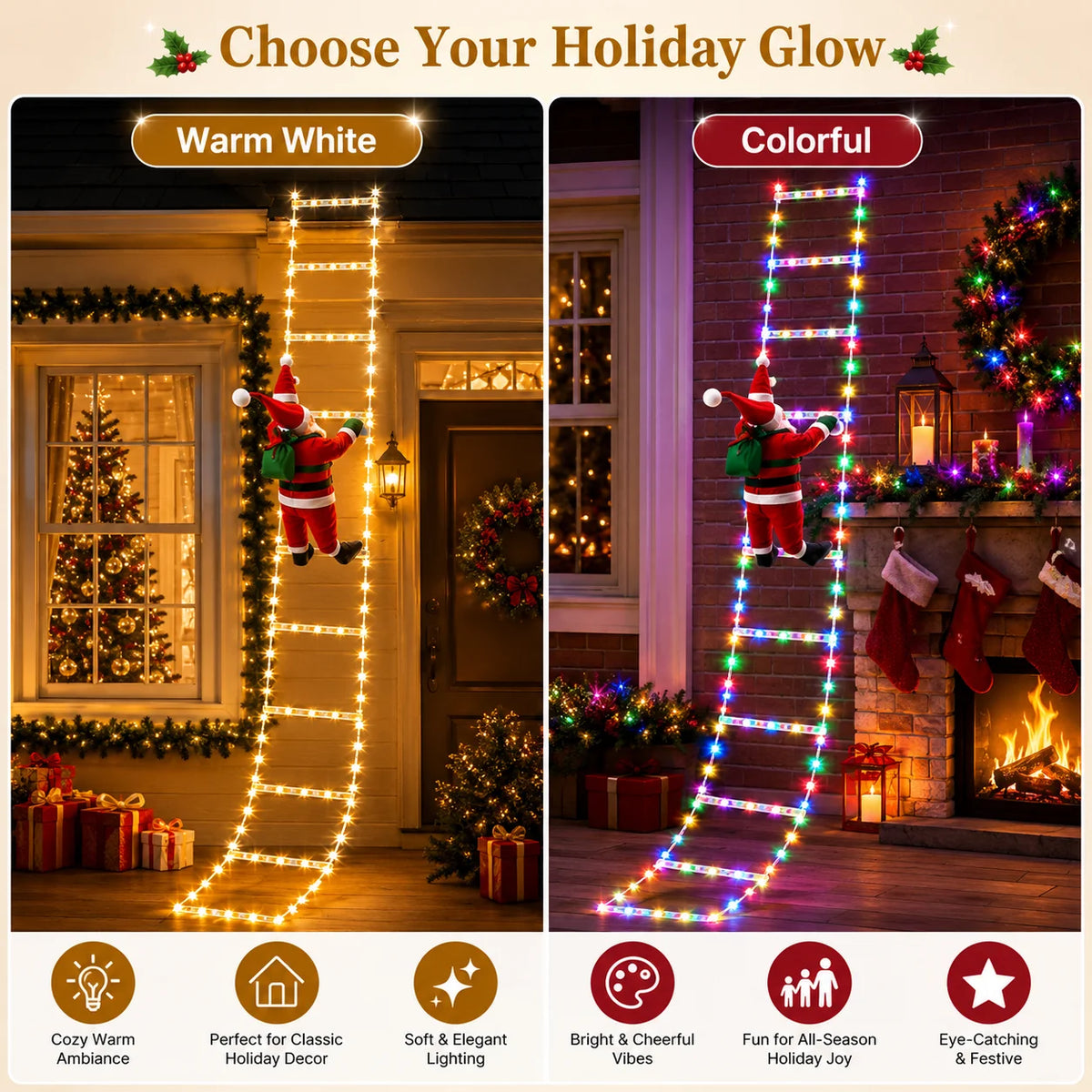 USB Christmas Ladder Lights with Climbing Santa, 8 Modes, Warm White/Colorful, 8/12 Rung LED Holiday Decor