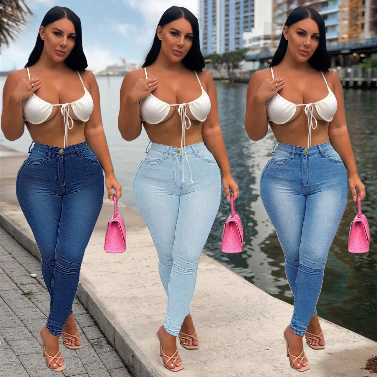 Jeans a Vita Alta da Donna 2026, Pantaloni Skinny Elasticizzati con Tasche, Effetto Consumato e Lavato, Lunghezza alla Caviglia, Stile Streetwear