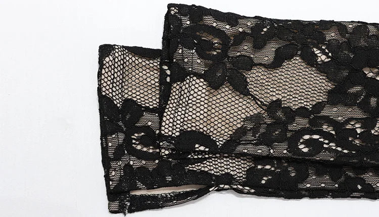 Huhugirl Abiti lunghi da donna in pizzo, traforati, tinta unita, sexy, a maniche lunghe, con spacco, alla moda, con colletto rialzato, stile street, casual da donna