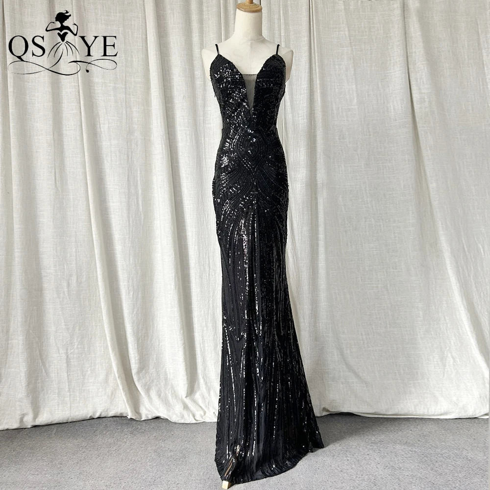Abito da sera lungo nero semplice con paillettes, modello a sirena, spalline sottili, scollo a V, senza schienale, elegante per feste