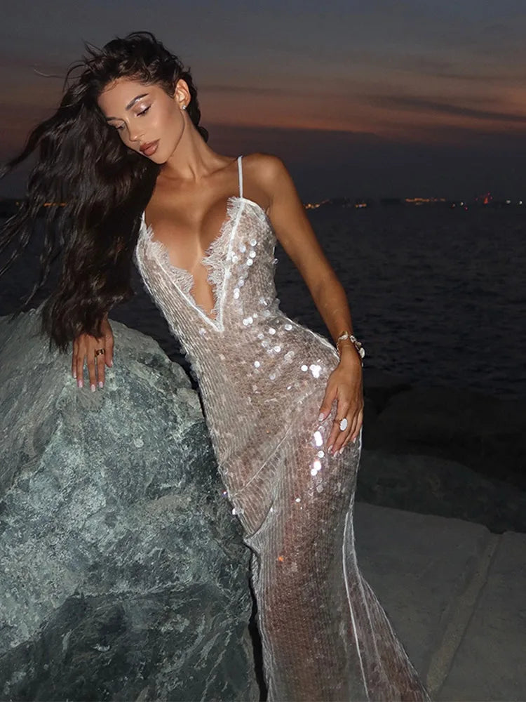 Abito da Sera a Sirena con Paillettes, Dorato, Aderente, Scintillante, con Vita Arricciata, Elegante e Chic per Feste Femminili 2026
