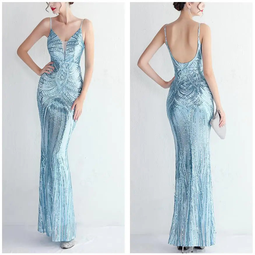 Abito da sera lungo nero semplice con paillettes, modello a sirena, spalline sottili, scollo a V, senza schienale, elegante per feste