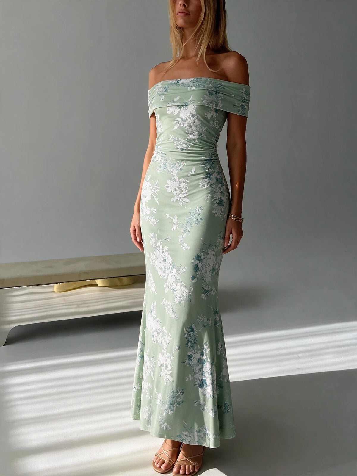 Abito lungo da donna a spalle scoperte con stampa floreale, elegante abito a sirena arricciato, abito aderente estivo da sera per feste, per signore.