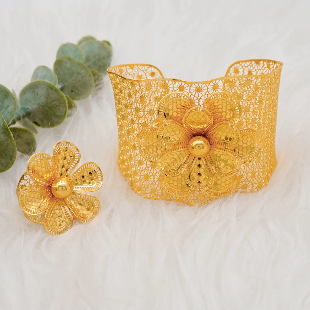 Bracciale color oro Dubai con anello per donna Bracciale con polsino a catena con ciondoli Bracciale indiano Arabo Francia Regali di gioielli da sposa