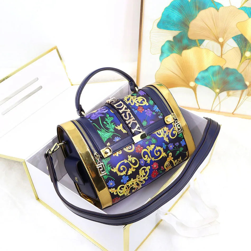 Borsa Boston da Donna con Stampa, Borsa a Spalla Grande Capacità, Borsa a Tracolla con Doppia Cerniera, Stile Mezza Copertura, Borsa con Manico Superiore