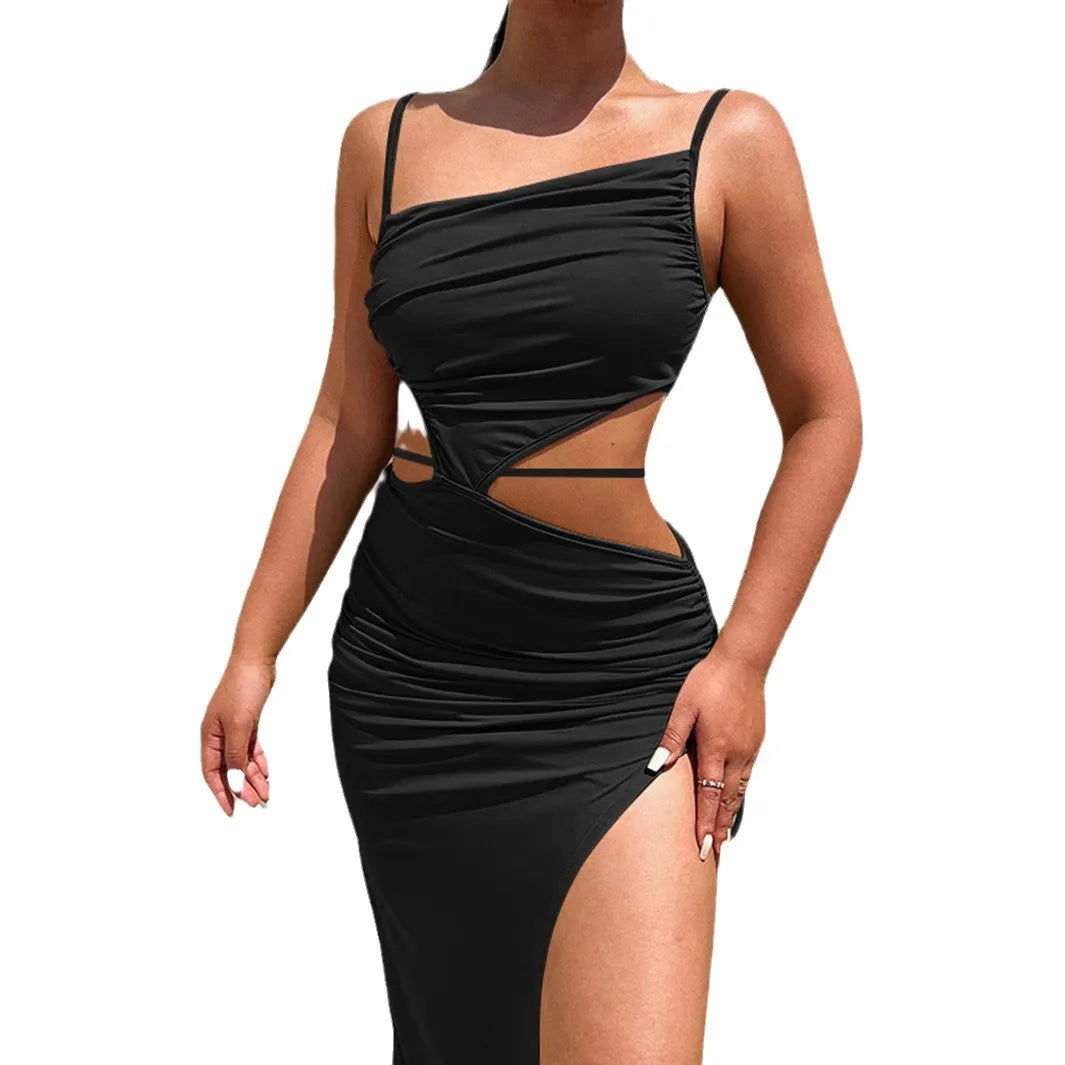 Abbigliamento femminile Abiti da donna 2025 Abito da donna con bretelle con collo inclinato Abito da donna sexy con gonna lunga cava con lacci Abito con spacco Vacanza al mare