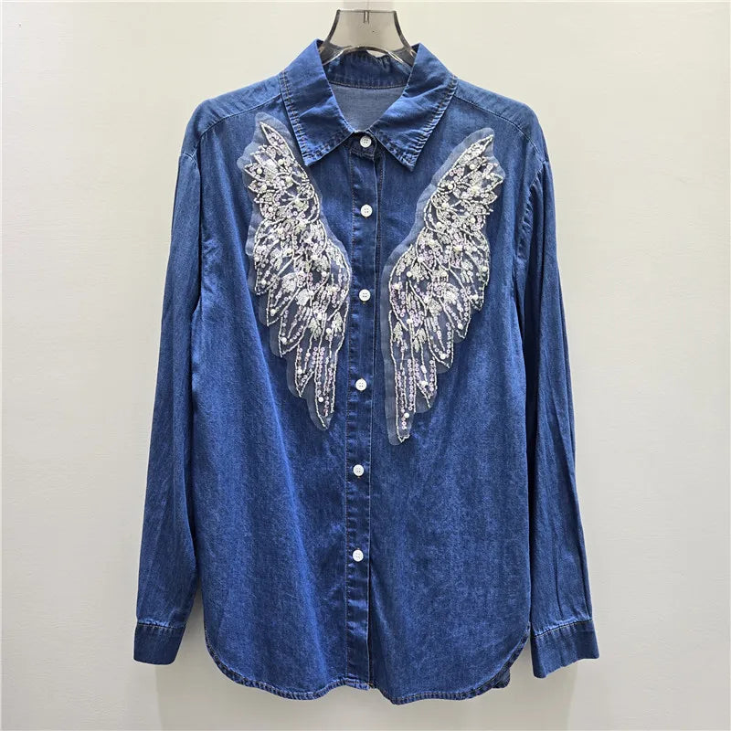 Camicia in denim elegante con paillettes e patchwork in rete, nuovo stile 2026 da donna, design con perline, maniche lunghe, streetwear, blusa ampia con risvolto