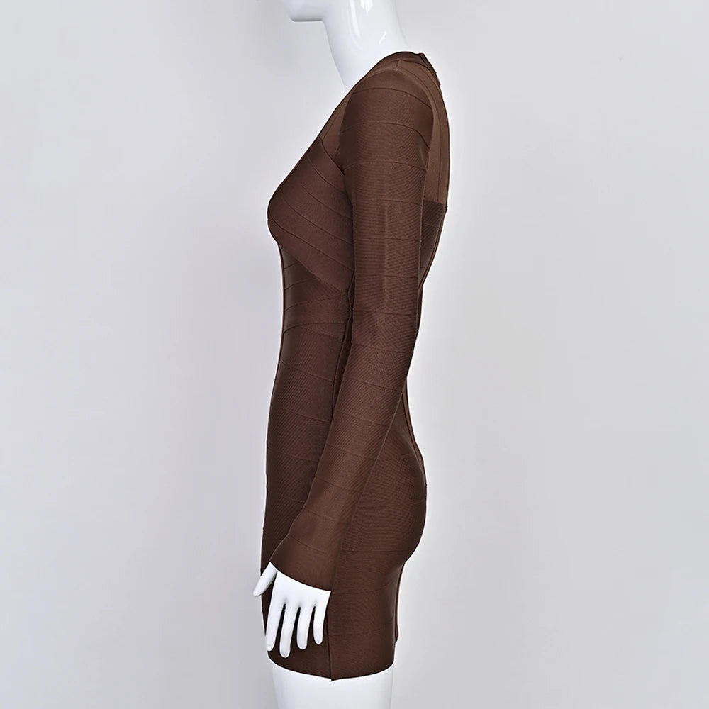 BEAUKEY Abito da Sera Sexy Mini con Scollo a V Profondo e Maniche Lunghe Beige, Vestito da Festa con Fasce, Abito da Clubwear Lungo Stile Runway