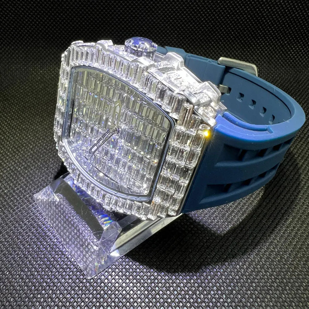 Orologio da uomo di marca di lusso Orologio tonneau unico di moda Orologio da polso con cinturino in caucciù impermeabile con quadrante blingbling con diamanti Regalo di vendita calda