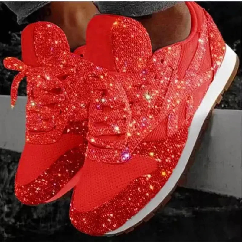 2025 nuove scarpe da ginnastica piatte da donna scarpe vulcanizzate Bling casual da donna scarpe da donna all'aperto con plateau in rete con lacci taglie forti