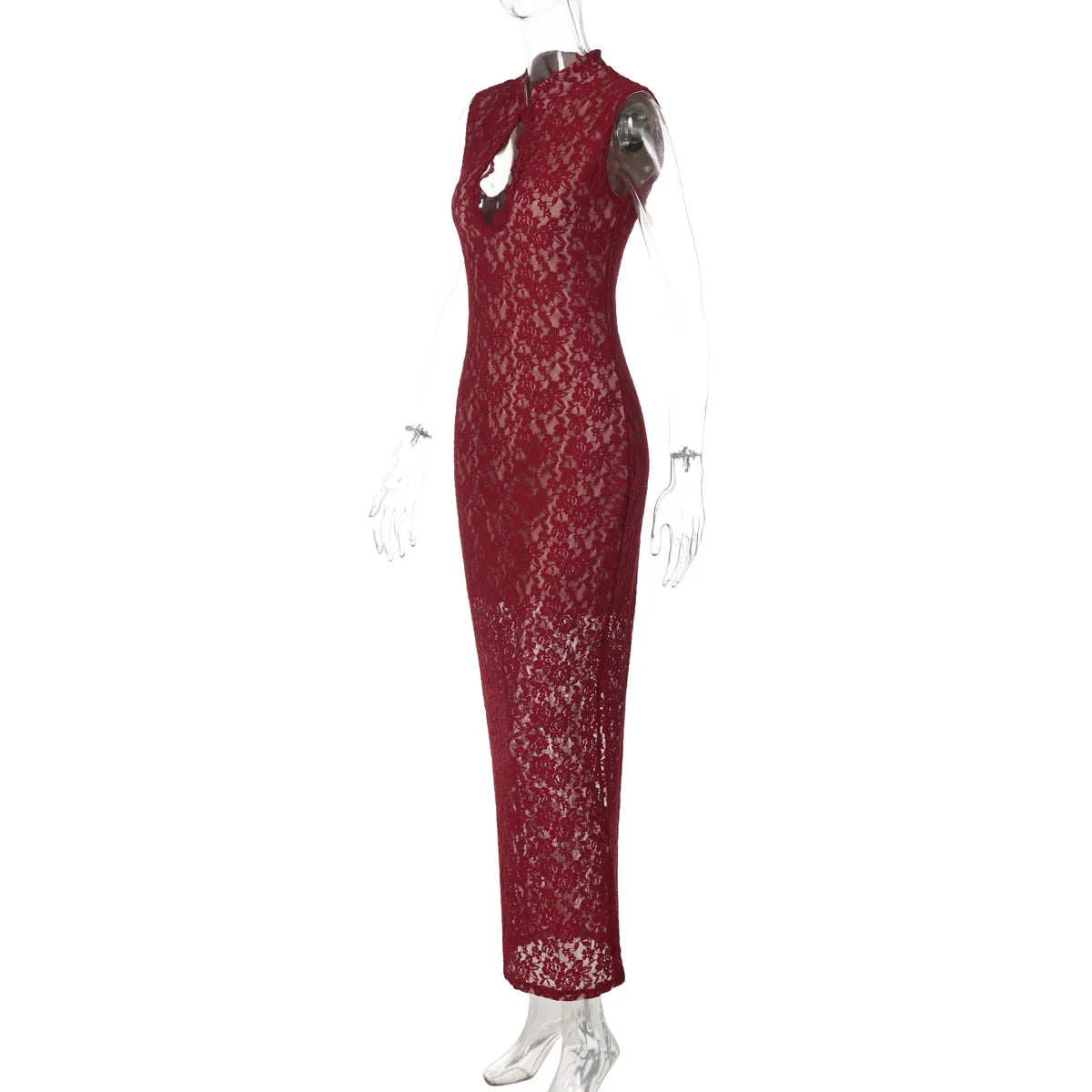 CHNMR Abito Cheongsam Sexy in Pizzo Rosso Senza Maniche, Vestito Lungo Aderente con Scollo a Goccia, Abito da Sera per Feste e Cerimonie, Abbigliamento Formale da Donna