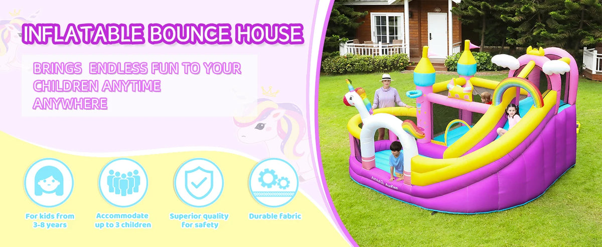 Inflatable Bounce House 5 in 1 Unicorn Wide Slide Jumping Castle for Kids Backyard Ball Pit Climbing Wall Basketball Hoop