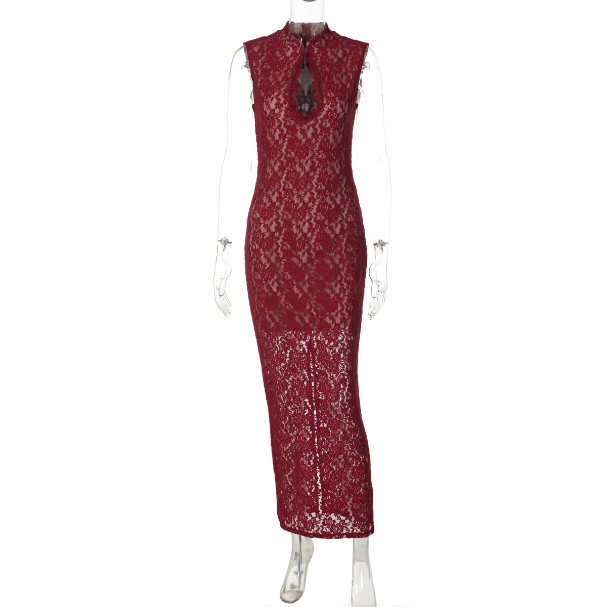 CHNMR Abito Cheongsam Sexy in Pizzo Rosso Senza Maniche, Vestito Lungo Aderente con Scollo a Goccia, Abito da Sera per Feste e Cerimonie, Abbigliamento Formale da Donna