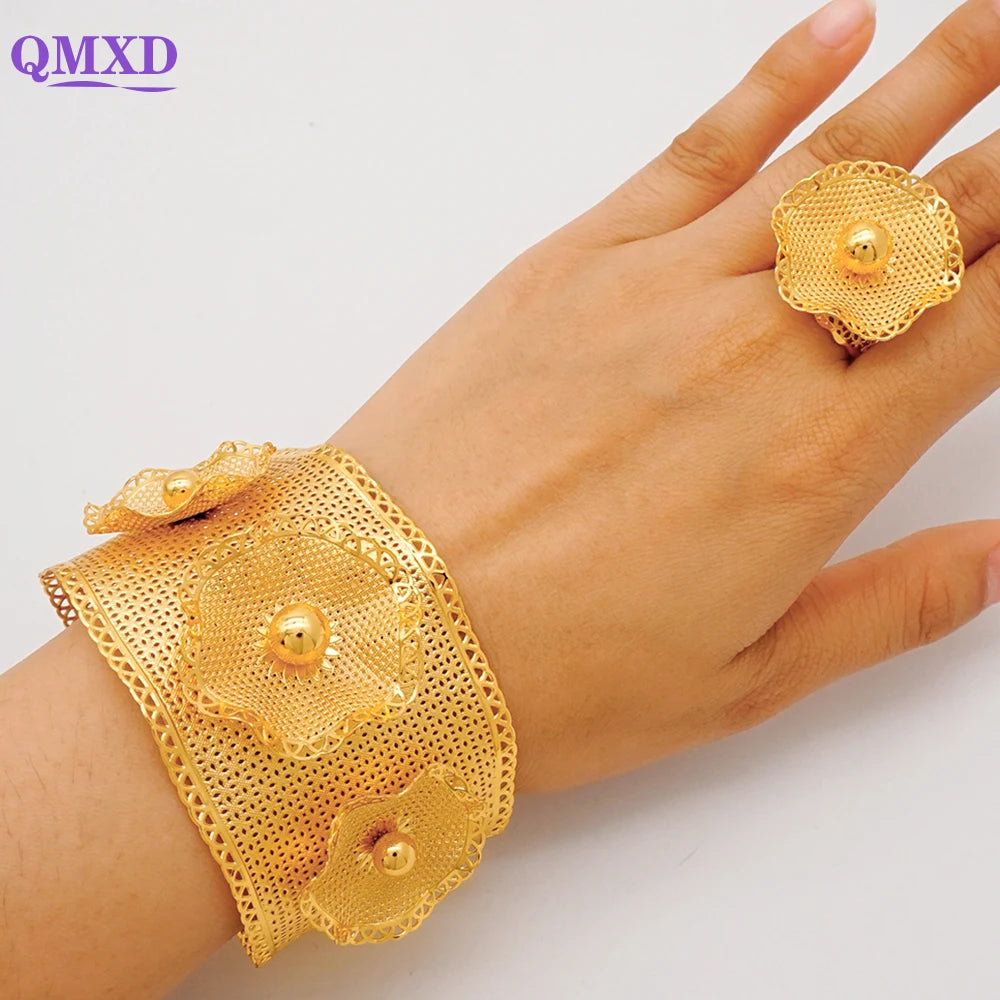Bracciale color oro Dubai con anello per donna Bracciale con polsino a catena con ciondoli Bracciale indiano Arabo Francia Regali di gioielli da sposa