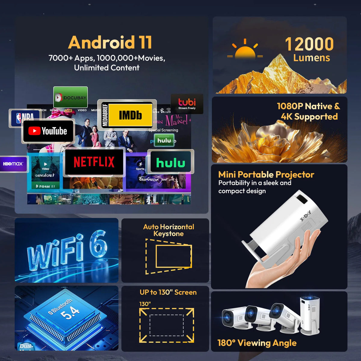 Proyector Xgody Gimbal 3 Pro 4K Wifi6 Android Mini Proyector 300 Ansi Dual Wifi Bt5.4 1280*720P Cine en casa Portátil para exteriores