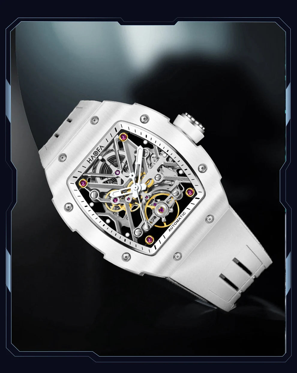 Haofa Orologio meccanico automatico scheletrato per uomo Lunetta in ceramica Zaffiro Luminoso Orologio sportivo da uomo con carica automatica impermeabile 1988