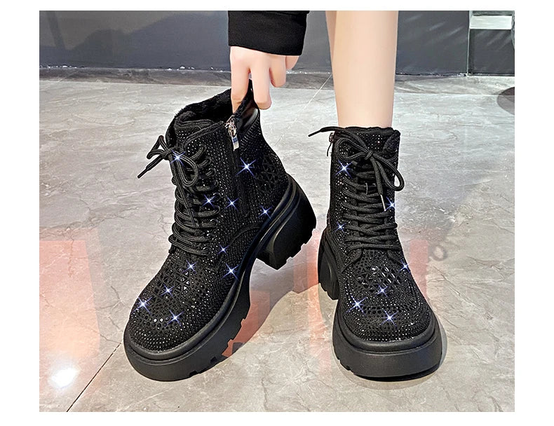Stivaletti corti con diamanti con paillettes Donna Autunno Inverno Moda di lusso Stivali alti con tacco spesso Stivali stringati Scarpe casual da festa all'aperto