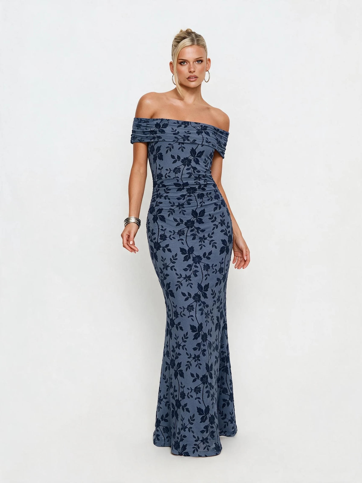 Abito lungo da donna a spalle scoperte con stampa floreale, elegante abito a sirena arricciato, abito aderente estivo da sera per feste, per signore.