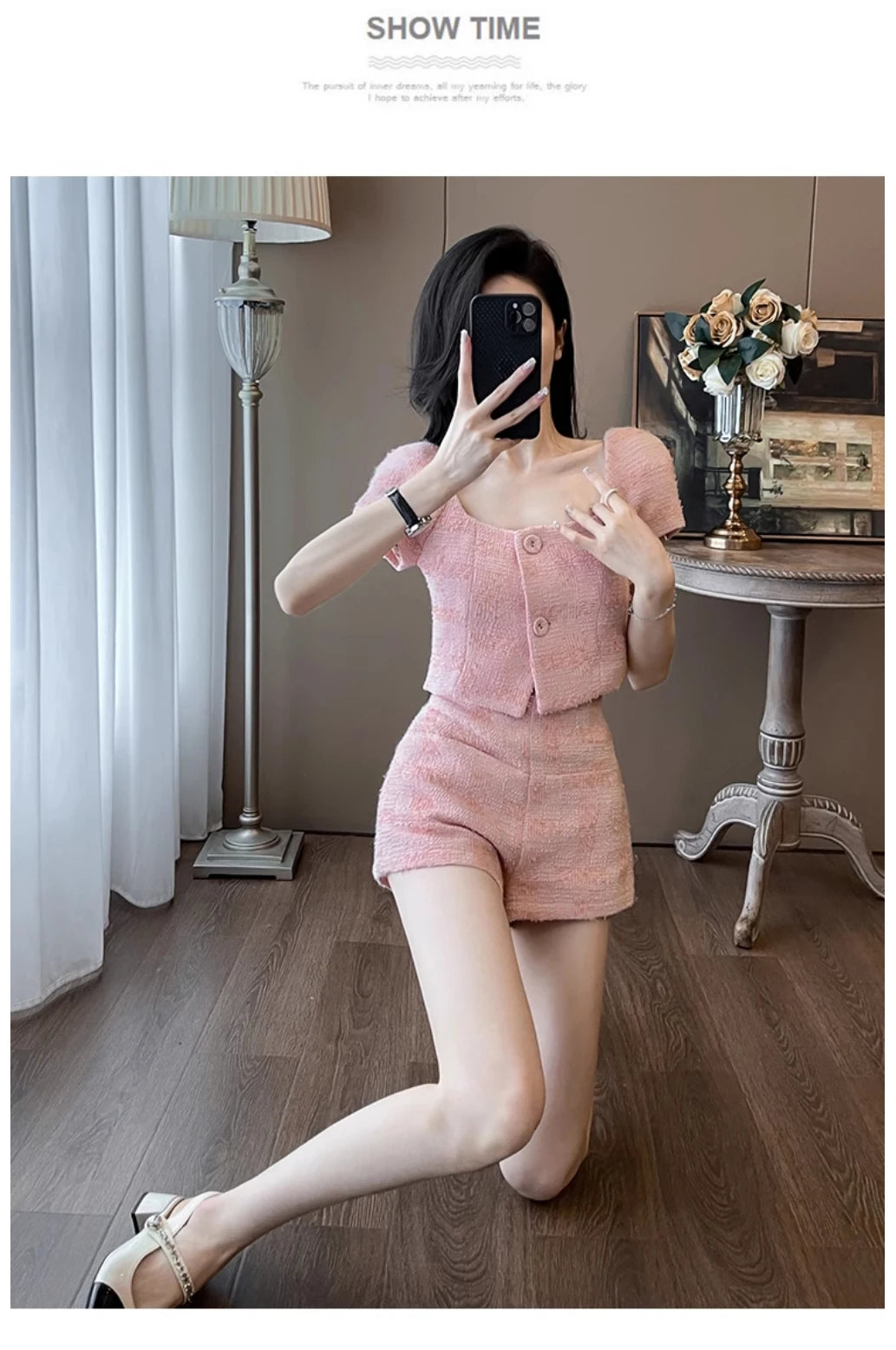 Camicia corta da donna con colletto quadrato in tweed grossolano stile street Pantaloncini slim coreani a vita alta Estate dolce rosa alla moda Due pezzi