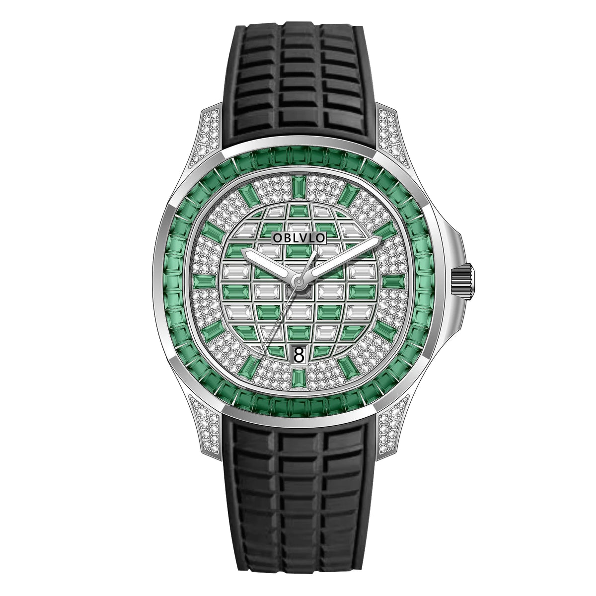 OBLVLO Orologio Automatico da Uomo alla Moda con Quadrante Impreziosito da Cristalli, Display Data, Lunetta con Pietre Baguette, Cinturino in Gomma FM-DSL
