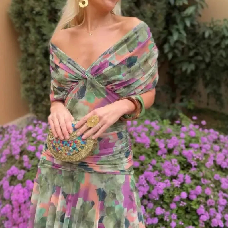 Abito Midi Estivo da Donna con Stampa in Rete e Spalline Sottili, Casual per Feste, Taglie EU e US