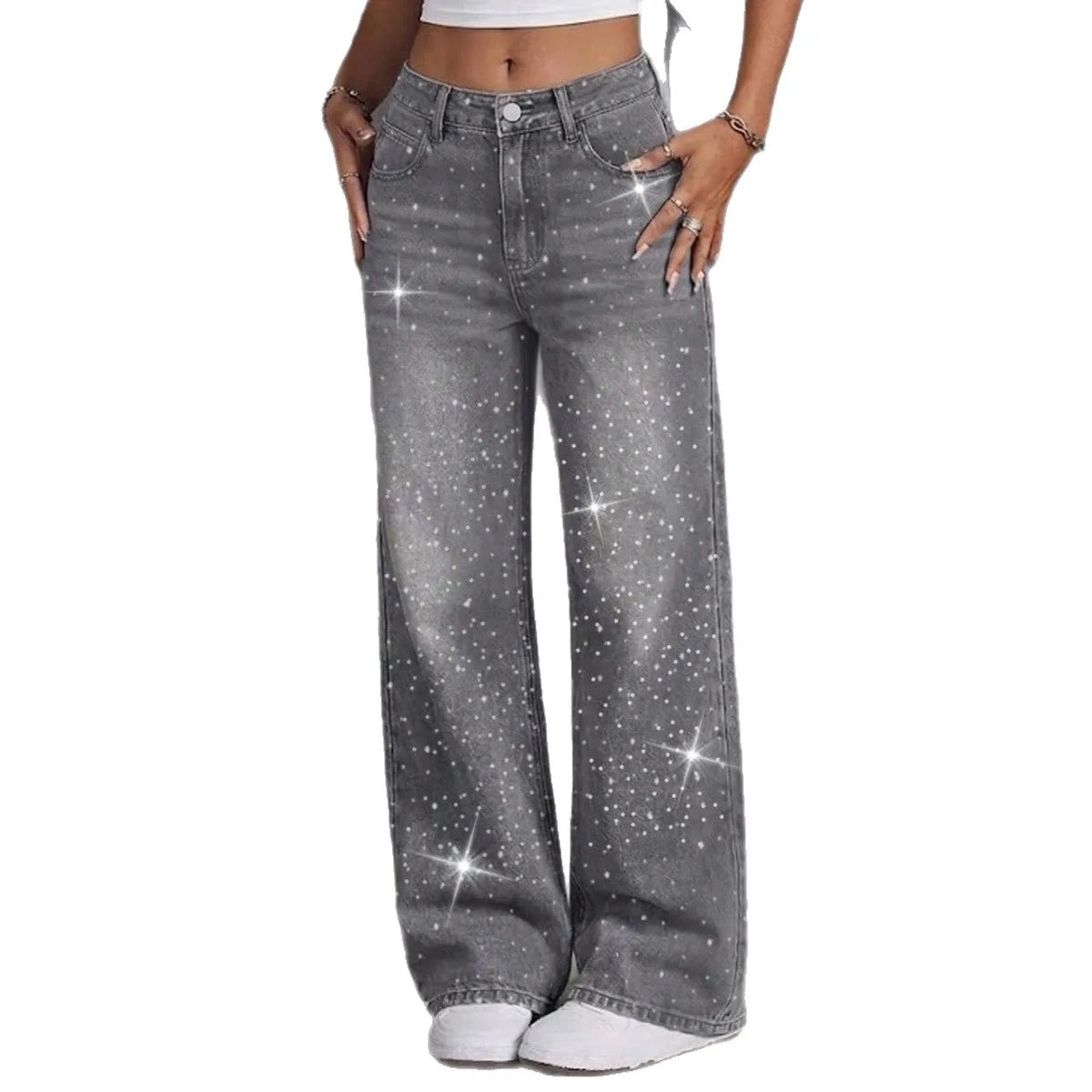 Jeans a Gamba Dritta con Strass Grigi, Pantaloni Lunghi e Larghi, Comodi e Casual in Stile Coreano, Jeans in Denim di Cotone