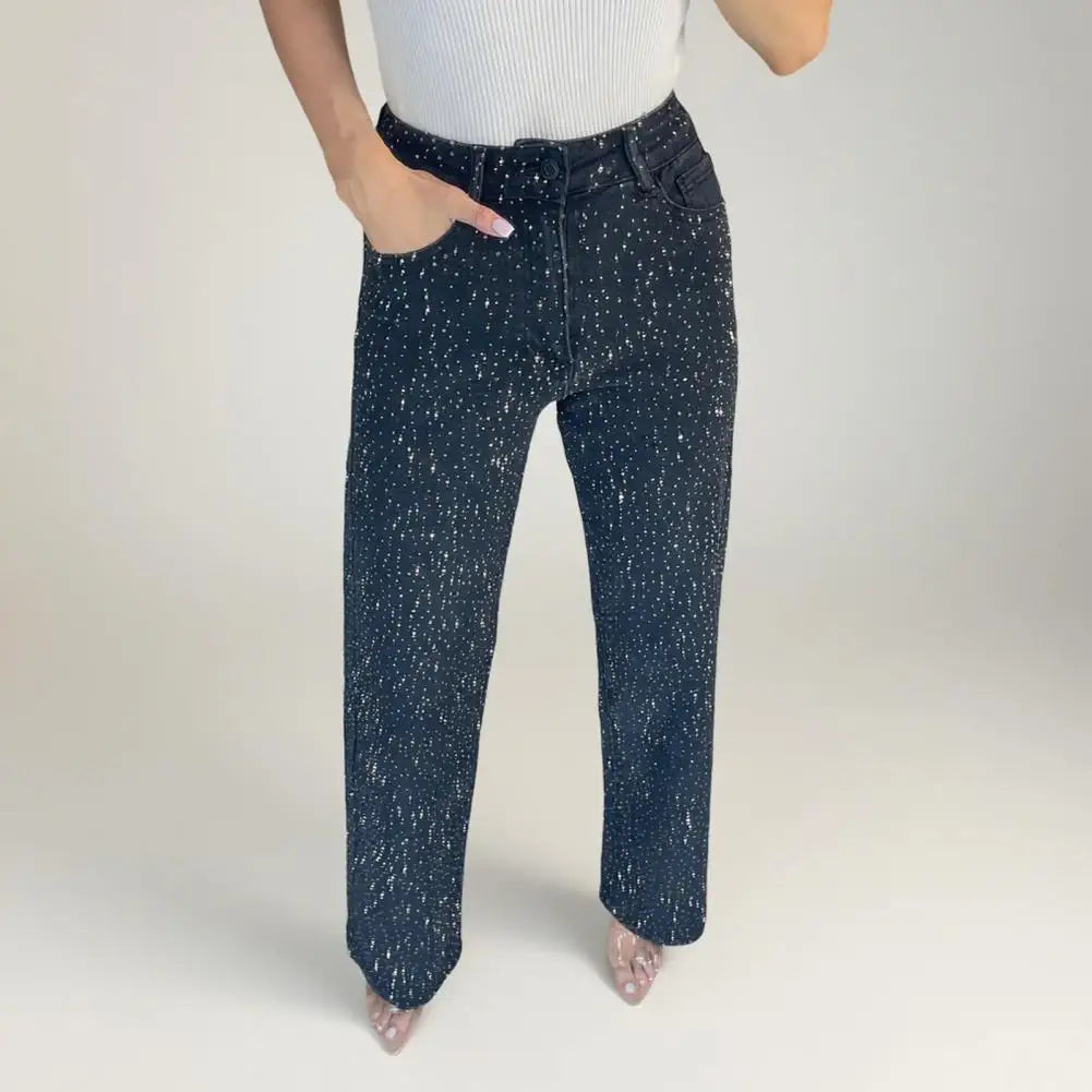 Jeans con perle finte per donna Pantaloni in denim elasticizzato a gamba dritta a vita alta Pantaloni larghi con perline a gamba larga casual Moda streetwear