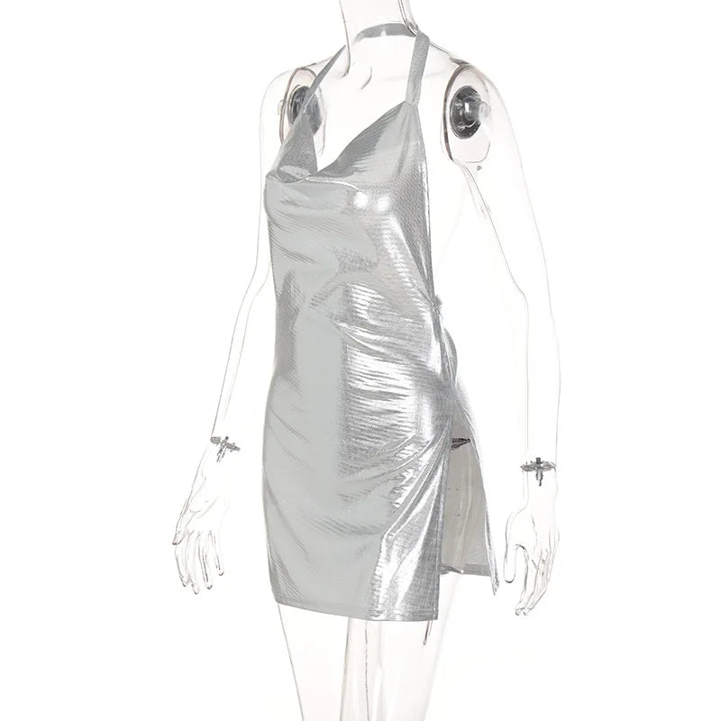 Abito corto elegante da donna sexy e alla moda con collo appeso, fondo senza schienale, abito da ballo per ragazza da festa con paillettes sul petto