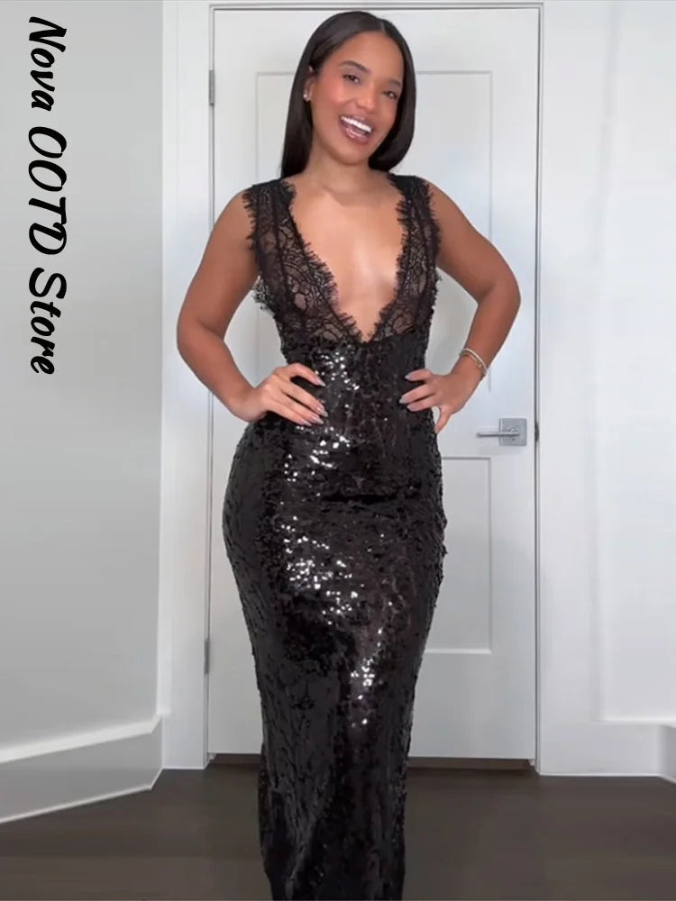 Sexy profondo scollo a V patchwork di pizzo con paillettes abito lungo da donna sottile senza maniche backless hip pacchetto abiti 2026 primavera abito da festa della signora
