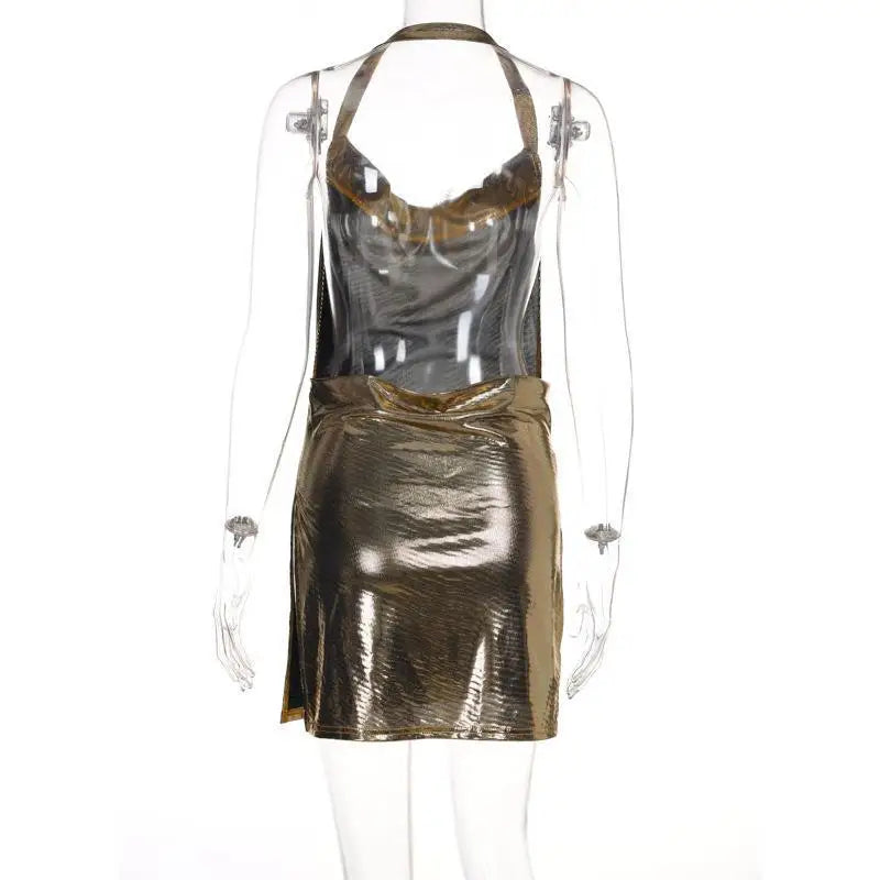 Mini abito aderente sexy per donna Bling Glitter Evening Prom Donna Halter Spacco laterale Backless Party Club Abiti estivi