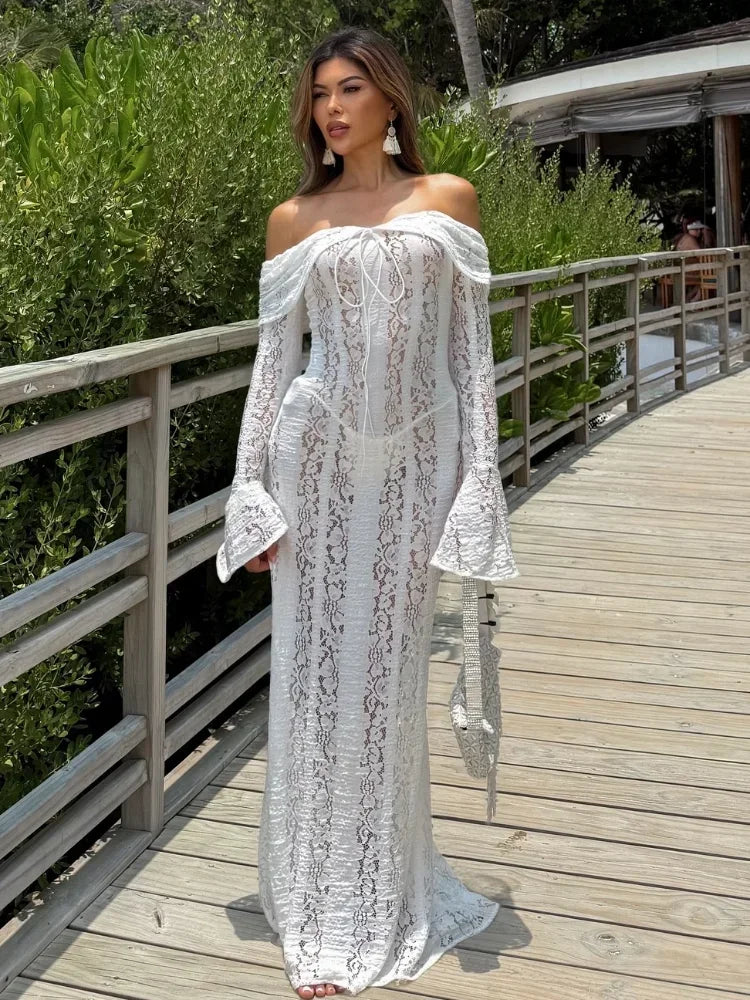 Sexy Hollow Out Women See-through Lace Up Party Dress femminile maniche svasate petto avvolto abiti 2024 Summer Lady Seaside Gowns