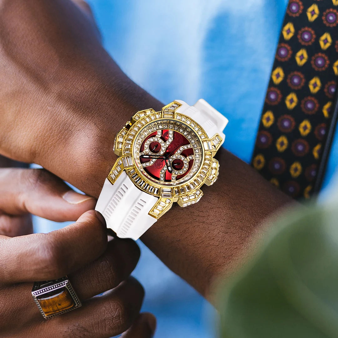 MISSFOX Nuovo Orologio Al Quarzo Rosso Per Gli Uomini di Lusso Hip Hop Streetwear Orologio Impermeabile Orologi Con Diamanti Orologi Da Polso Da Uomo Al Quarzo AAA