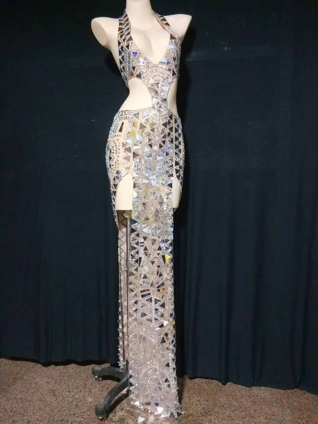 Abito Lungo con Spacco Alto e Scollo a V con Strass Argentati, Vestito da Palcoscenico per Compleanno e Ballo, Abito con Paillettes per Cantante e Modello, Costume Sexy
