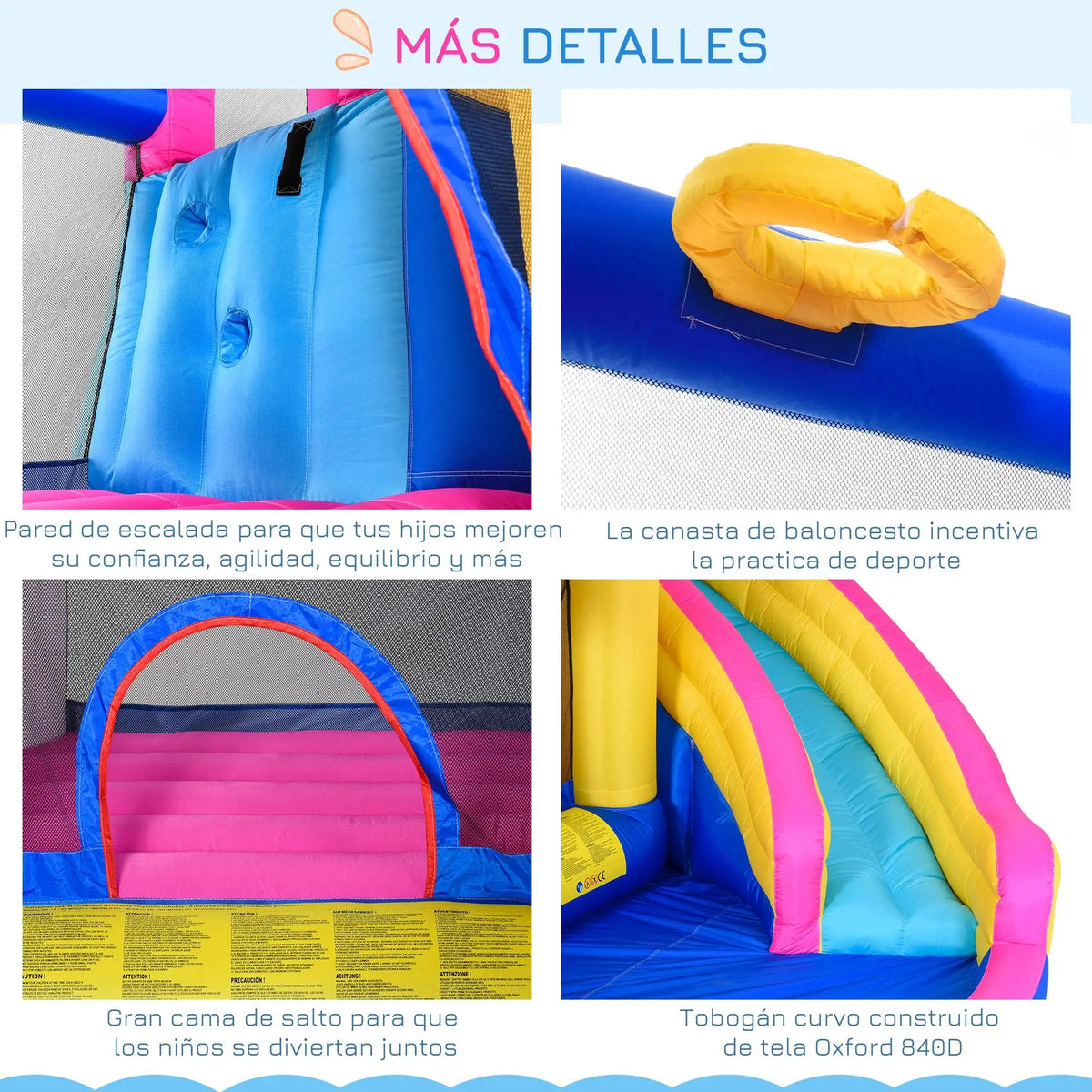Castillo hinchable unicornio con soplador, tobogán, piscina y canasta de baloncesto 360x305x210cm