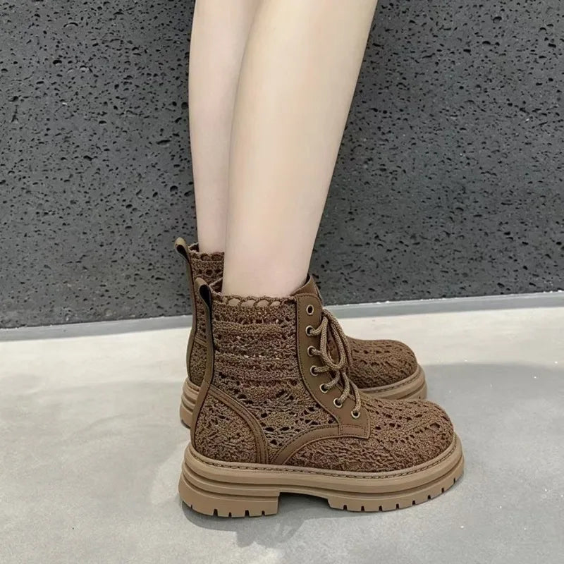 Scarpe Retrò da Donna, Stivali Estivi con Pizzo Traforato, Stivaletti alla Moda con Plateau, Scarpe di Lusso Firmate, Botas Mujer