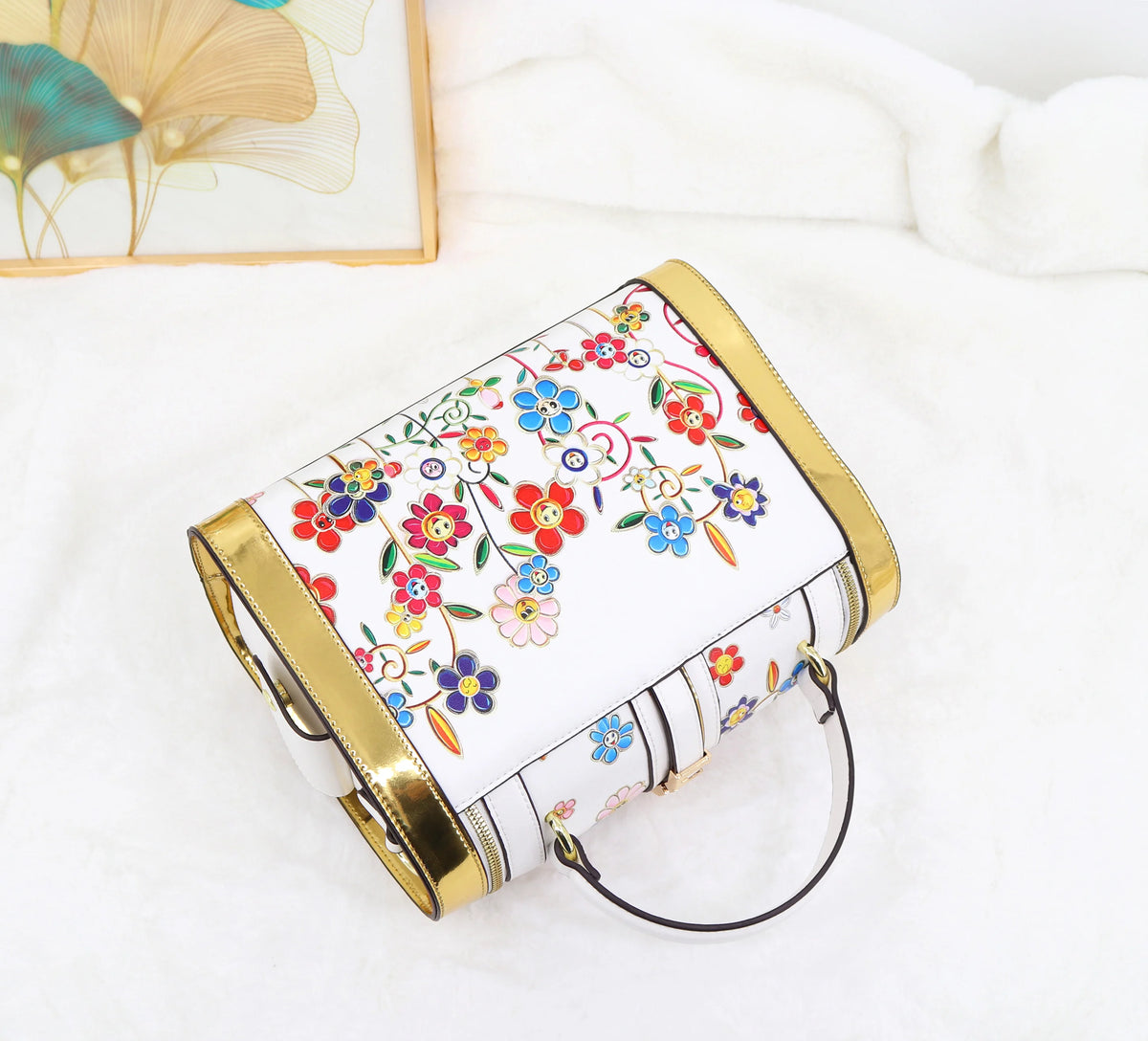 Borsa da donna con stampa di fiori e piante alla moda Borsa da donna con cuscino con cuciture intelligenti Borsa da donna di grande volume Borsa a spalla singola