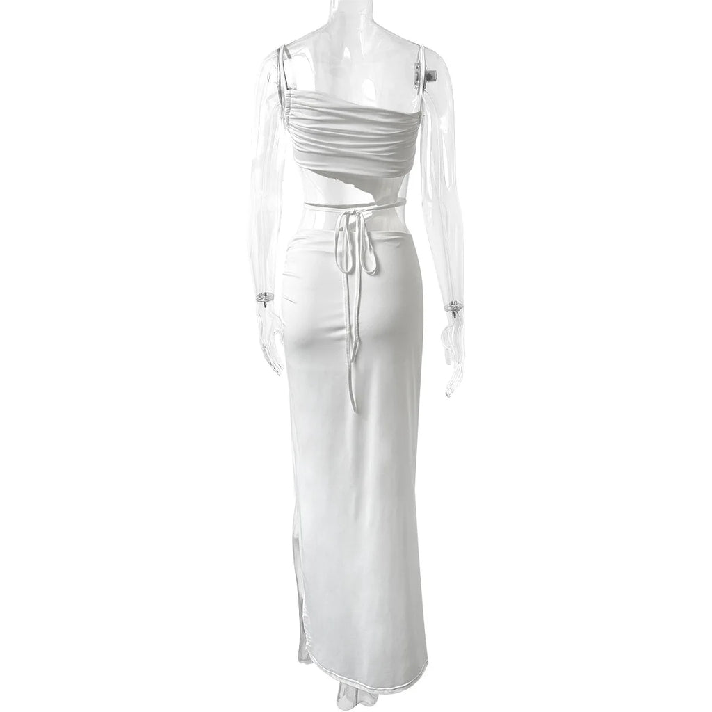 2025 Nuovo vestito da donna taglio basso senza maniche slim-fit maxi vestito per club party summer beach casual sexy hollow backless tie up slip