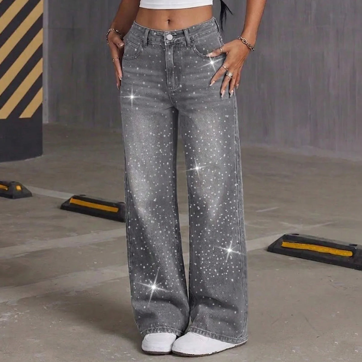 Jeans a Gamba Dritta con Strass Grigi, Pantaloni Lunghi e Larghi, Comodi e Casual in Stile Coreano, Jeans in Denim di Cotone