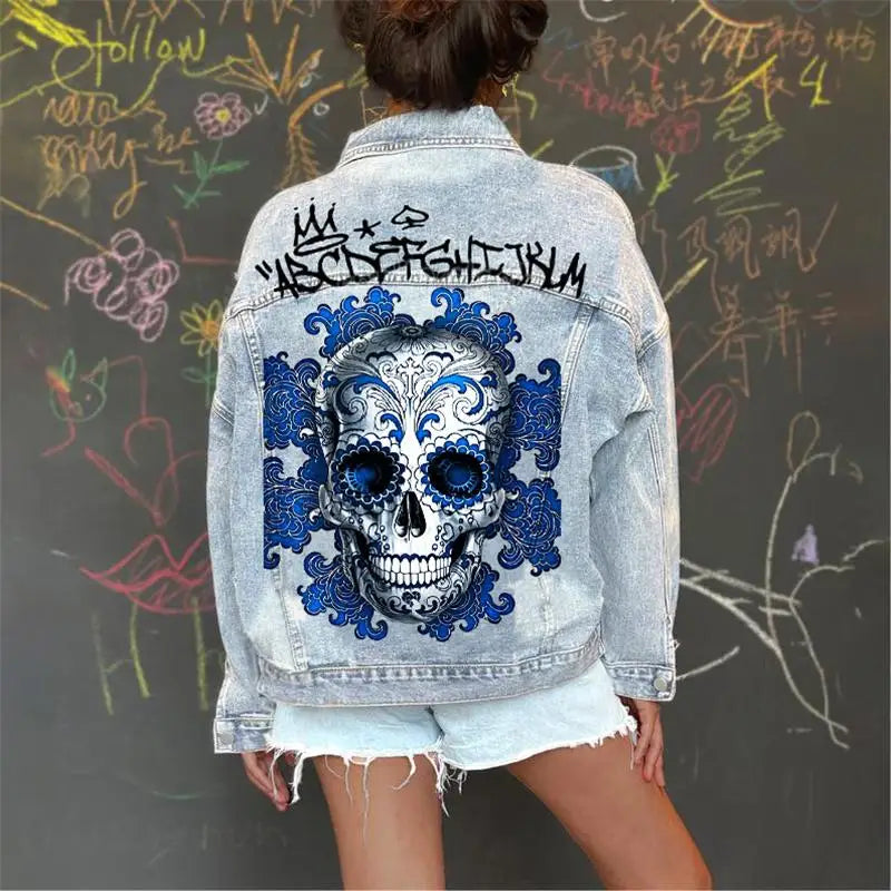Stylegiacca di jeans da donna 2024 nuova stampa da donna Fashion Street Girl giacca di jeans manica lunga con risvolto spalla scesa autunno e Wint