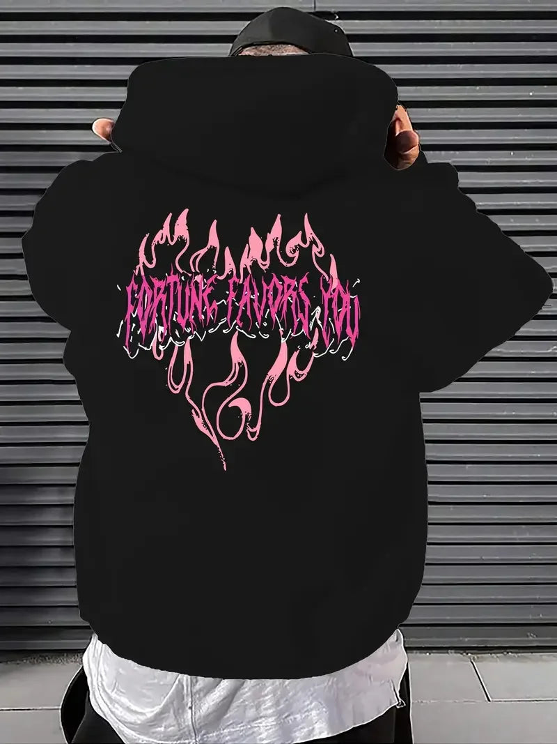 Felpa con Cappuccio Casual da Uomo per Autunno-Inverno, Stampa con Lettere e Fiamme Rosa, Comoda per Sport all'Aperto