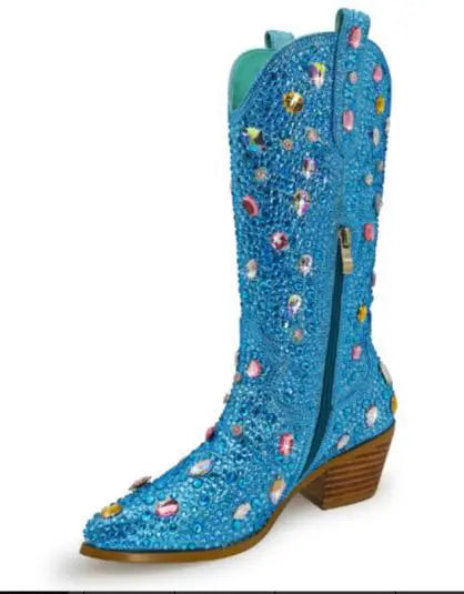 Stivaletti da Donna Stile Western con Strass e Gemme, Punta Rotonda, Neri e Blu, Stivali alla Moda con Cristalli